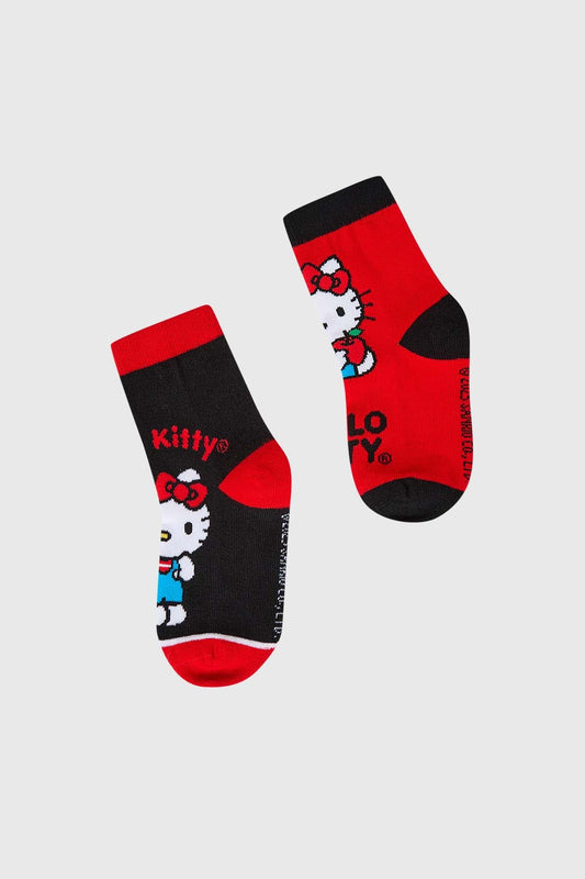 Calcetín bipack de Hello Kitty en rojo y negro con diseño icónico de la gatita en un estilo divertido, perfecto para los fans de Sanrio.