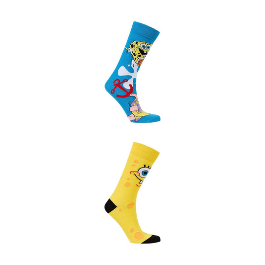 Calcetín bipack de Bob Esponja en azul y amarillo, uno con Bob Esponja y Patricio, el otro con el icónico Bob Esponja sobre fondo amarillo.
