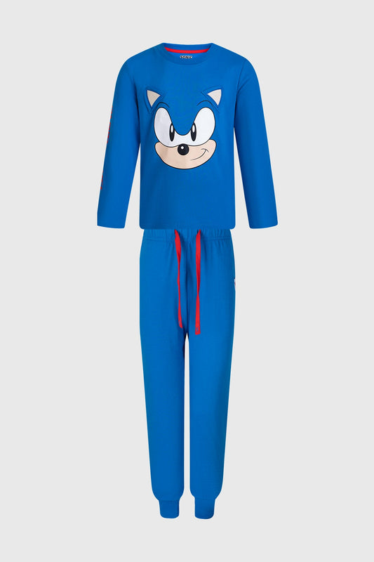 Pijama azul con estampado del icónico Sonic, presenta su rostro sonriente en el pecho y detalles en rojo, ideal para los fans de Sega.