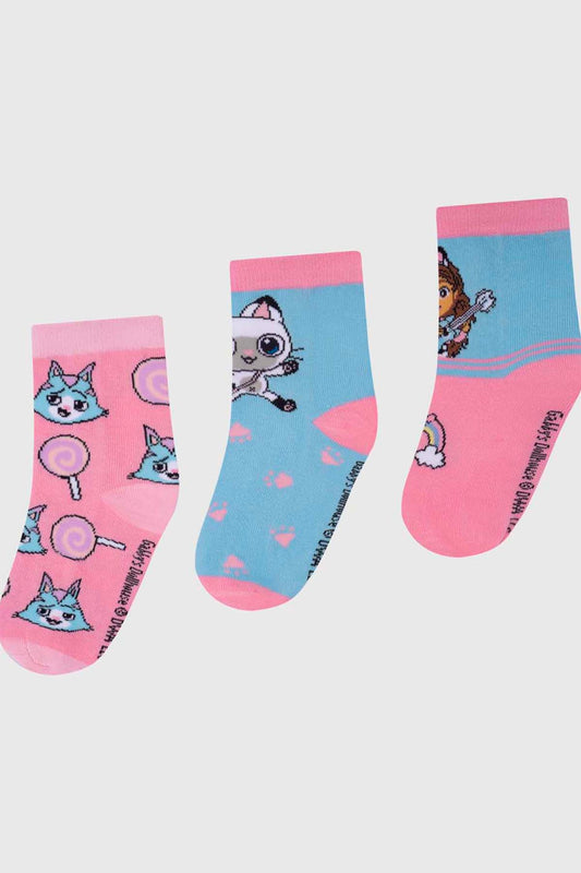 Tripack de calcetines en rosa y azul, con ilustraciones de Gabby y sus amigos felinos, perfectos para los fans de Gabby's Dollhouse.
