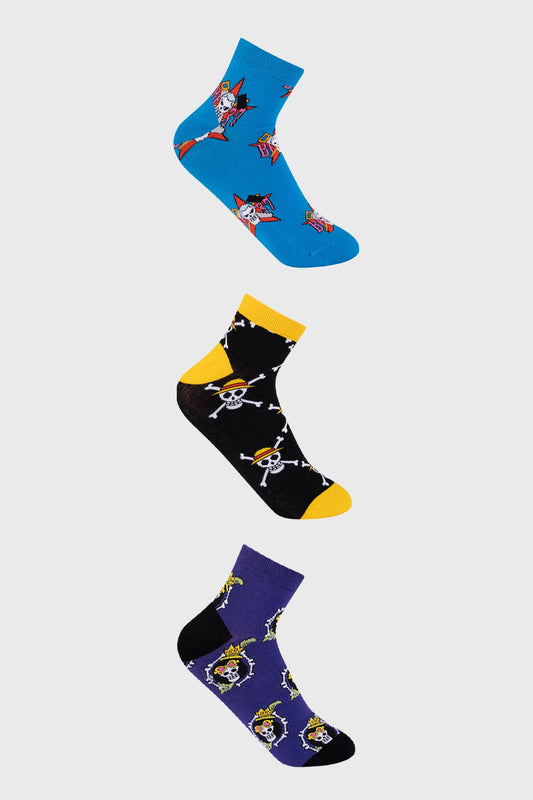 Calcetas de algodón en azul, negro y morado con estampados de One Piece: pirata sonriente, Jolly Roger y Luffy en diferentes poses.