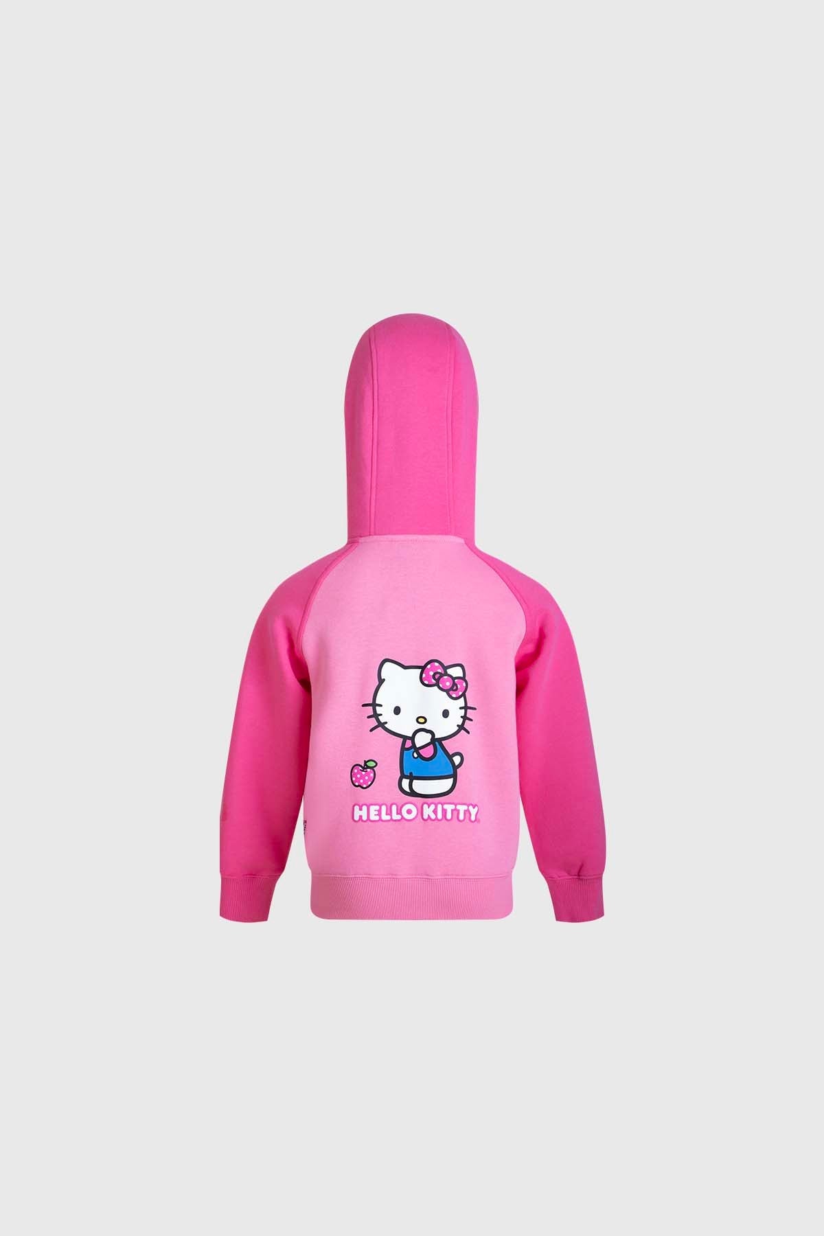 Polerón rosado con capucha y estampado de Hello Kitty en el pecho, interior con puntos, ideal para fans de la icónica gatita de Sanrio.