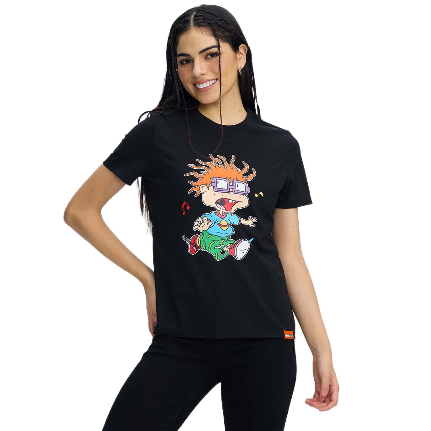 Polera negra de algodón con estampado colorido de Carlitos de Rugrats, mostrando su característico peinado y expresión divertida, ideal para fans de la serie.