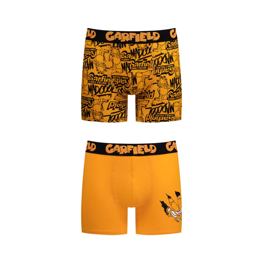 Boxer de color amarillo con estampado de Garfield en estilo cómic, presenta frases divertidas y el icónico gato perezoso en acción, ideal para fans de la tira cómica.