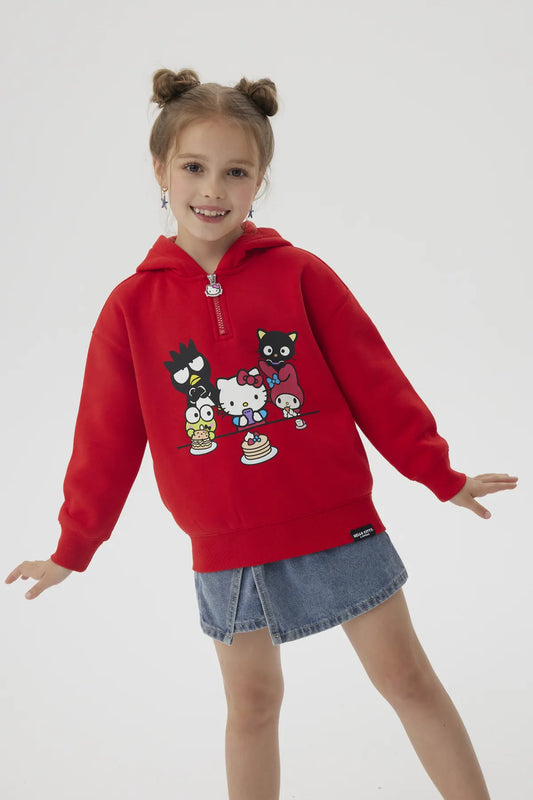 Polerón rojo con capucha que presenta un colorido estampado de Hello Kitty y sus amigos en un momento festivo, ideal para los fans de Sanrio.
