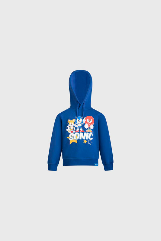Polerón azul con estampado de Sonic y amigos, ilustración vibrante en estilo cartoon, ideal para fans de la saga de videojuegos.