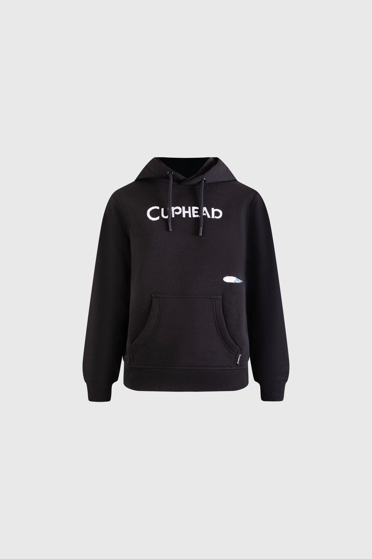 Polerón negro de Cuphead con logo frontal en letras blancas, un diseño que evoca la estética retro de los años 30, ideal para fans del videojuego.