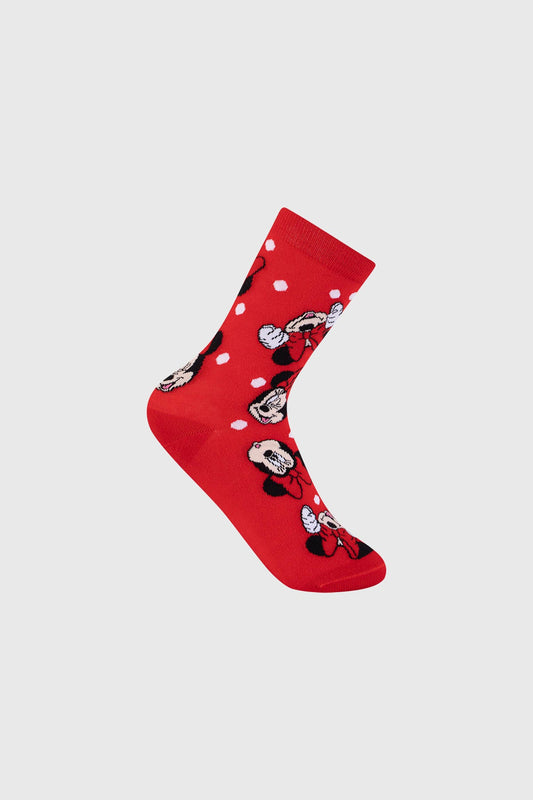 Calcetín rojo con estampado de Minnie Mouse en varias poses, con lunares blancos, ideal para fans de Disney que buscan un toque divertido y nostálgico.