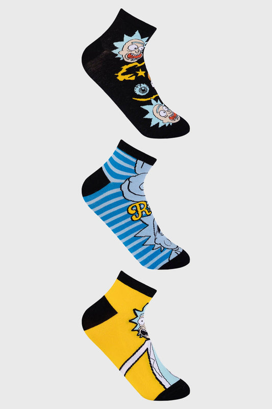 Calcetas cortas de colores negro, azul y amarillo con estampados de Rick de Rick & Morty, mostrando su icónica expresión y frases, perfectas para fans.