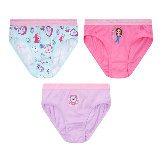 Pack de calzones en tonos pastel, uno azul con estampado de personajes de Gabby's Dollhouse, otro rosa con Gabby y uno morado con un gato musical, todos de algodón.