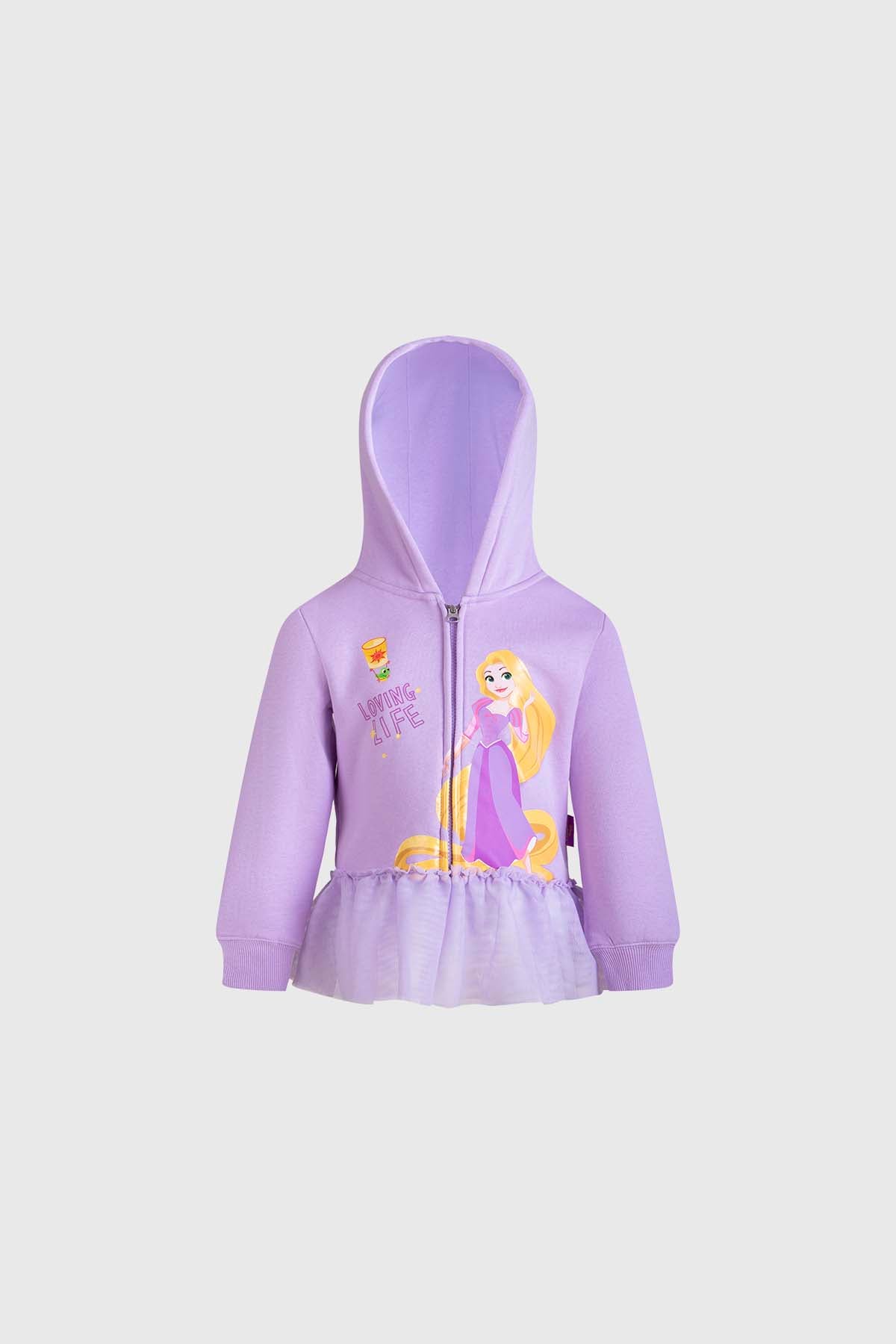 Polerón lila con capucha y cierre, presenta a Rapunzel en un diseño colorido, con un volante de tul en la parte inferior, evocando la magia de Disney.