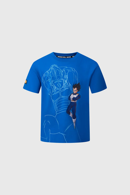 Polera azul de Dragon Ball con un diseño de Vegeta en ilustración lineal y en color, mostrando su pose desafiante, ideal para fans del universo anime.