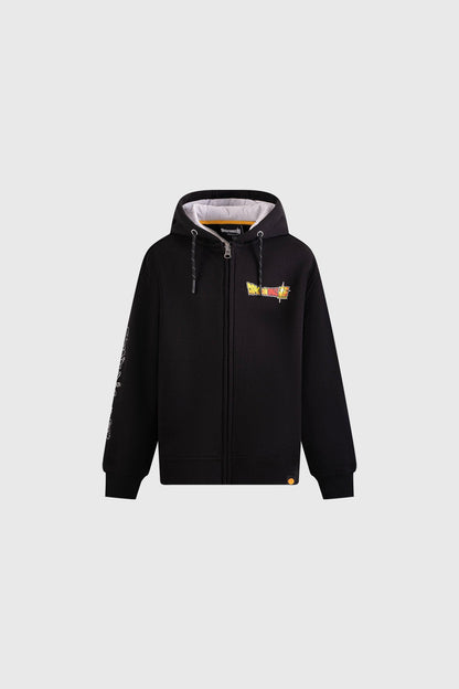 Polerón negro con capucha de Dragon Ball, presenta un logo vibrante en el pecho y detalles gráficos en las mangas, ideal para fans de Goku.