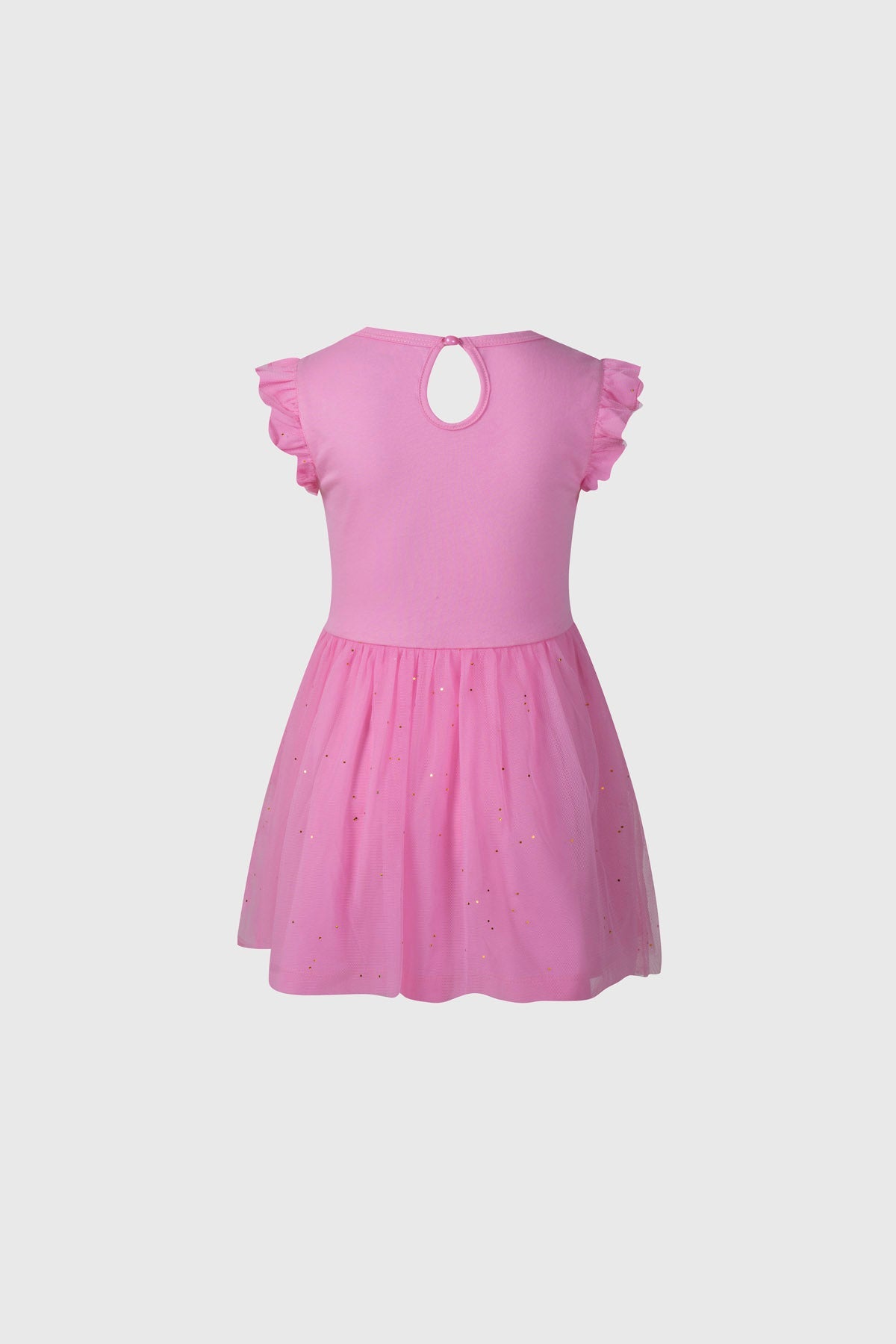 Vestido rosado de Hello Kitty con cuerpo de algodón y falda de tul, presenta un estampado frontal de la icónica gatita con moño, ideal para fans.