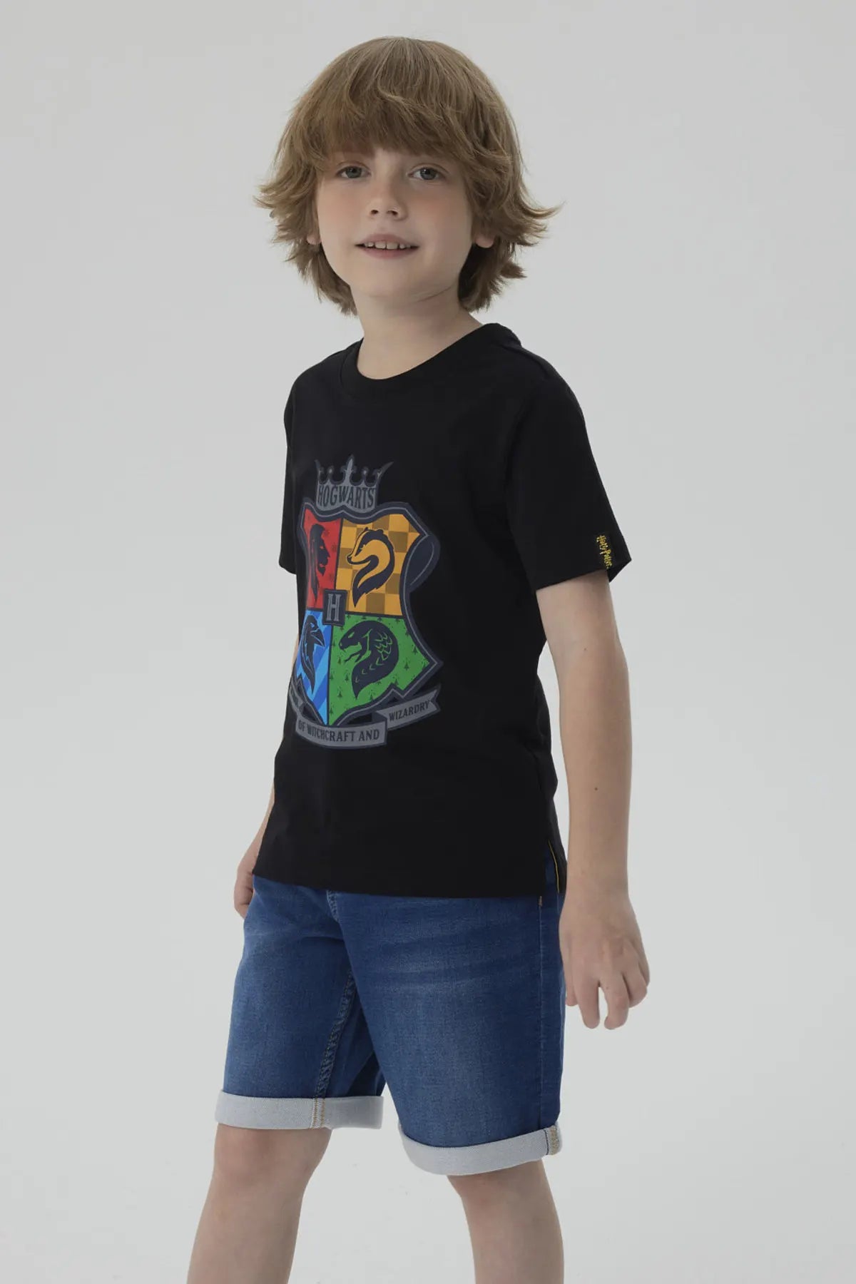 Polera negra de algodón con el escudo de Hogwarts en colores vibrantes representando las casas Gryffindor, Slytherin, Hufflepuff y Ravenclaw, ideal para fans de Harry Potter.