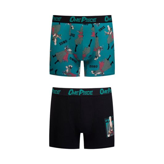 Boxer bipack de color verde con estampado de Zoro de One Piece en acción y un segundo boxer negro con imagen del personaje, ambos con detalles vibrantes.
