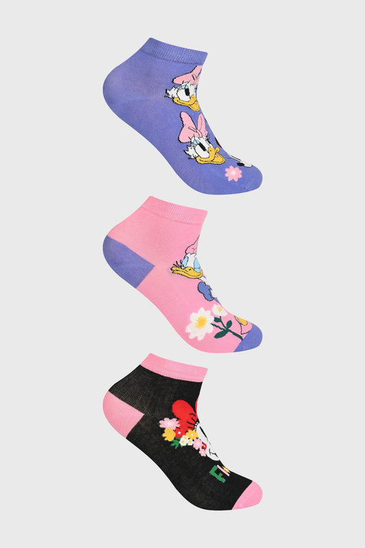 Tripack de calcetas en tonos morado, rosa y negro con estampados de Mickey, Minnie y Daisy, ideales para fans de Disney que buscan estilo y comodidad.