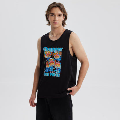 Polera negra sin mangas de algodón con estampado colorido de Chopper de One Piece en estilo caricatura, mostrando varias poses del personaje icónico.