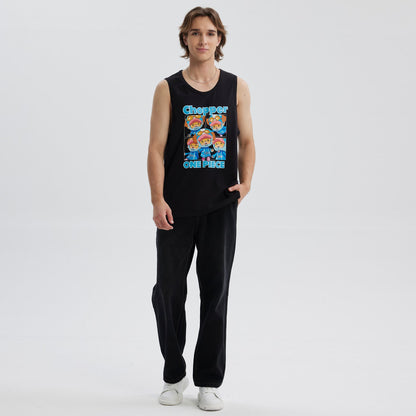 Polera negra sin mangas de algodón con estampado colorido de Chopper de One Piece en estilo caricatura, mostrando varias poses del personaje icónico.
