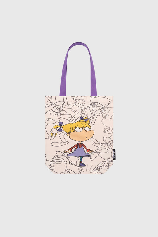 Bolsa crudo de Nickelodeon con Angélica y Helga en un diseño lineal, fondo claro y detalles en morado, capturando la esencia de los icónicos personajes.
