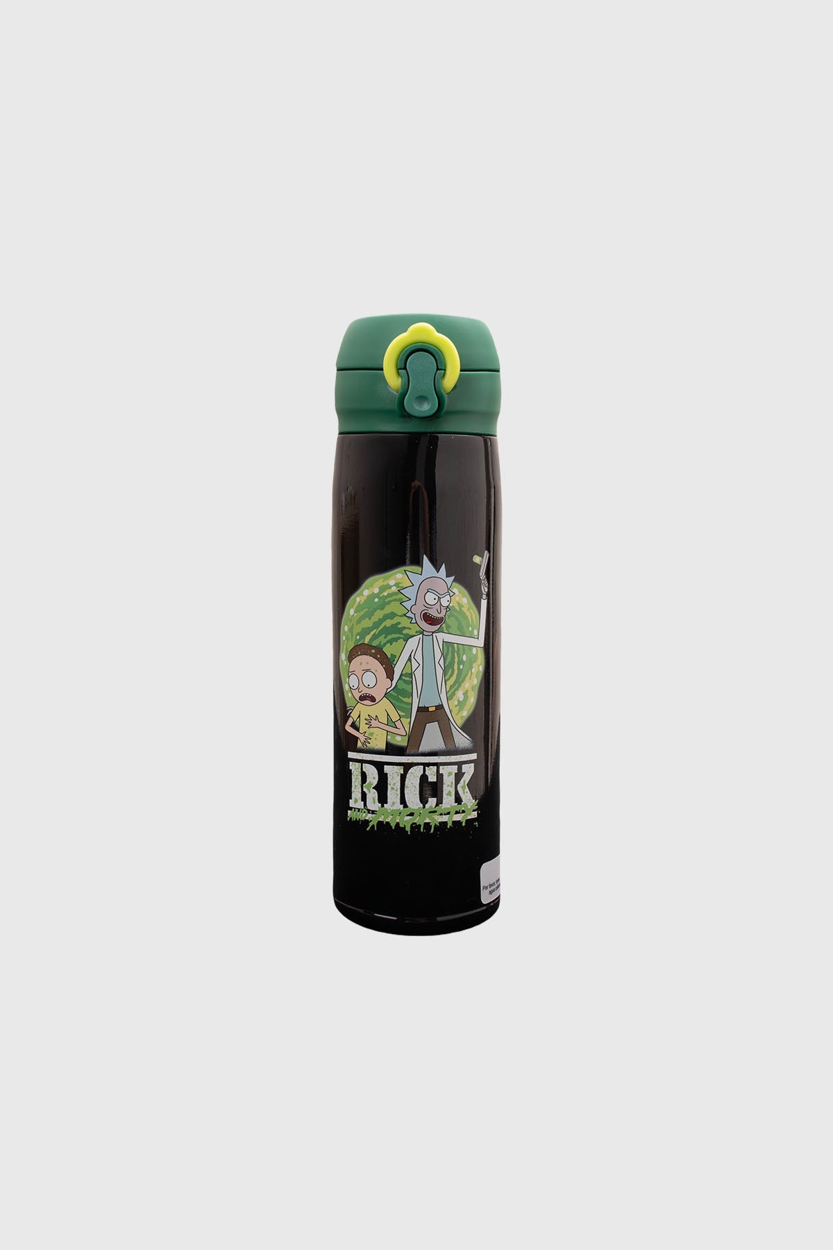 Termo negro de 450 ml con ilustración de Rick y Morty en un portal verde, diseño vibrante y divertido, ideal para fans de la serie.