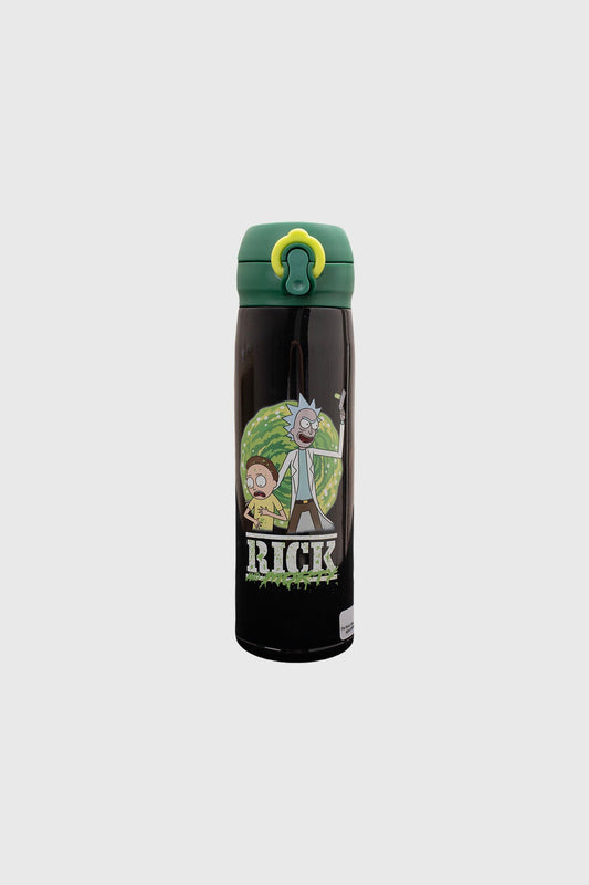 Termo negro de 450 ml con ilustración de Rick y Morty en un portal verde, diseño vibrante y divertido, ideal para fans de la serie.