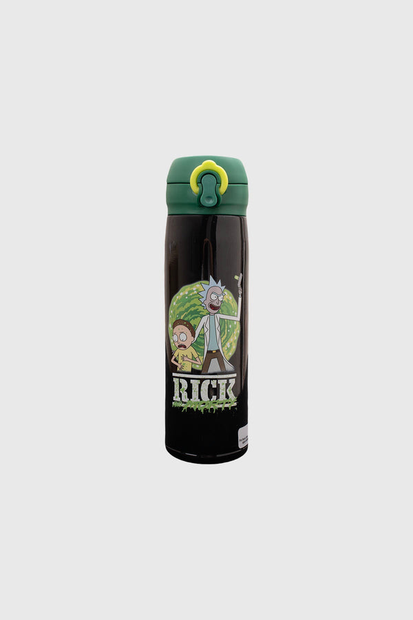 Termo negro de 450 ml con ilustración de Rick y Morty en un portal verde, diseño vibrante y divertido, ideal para fans de la serie.