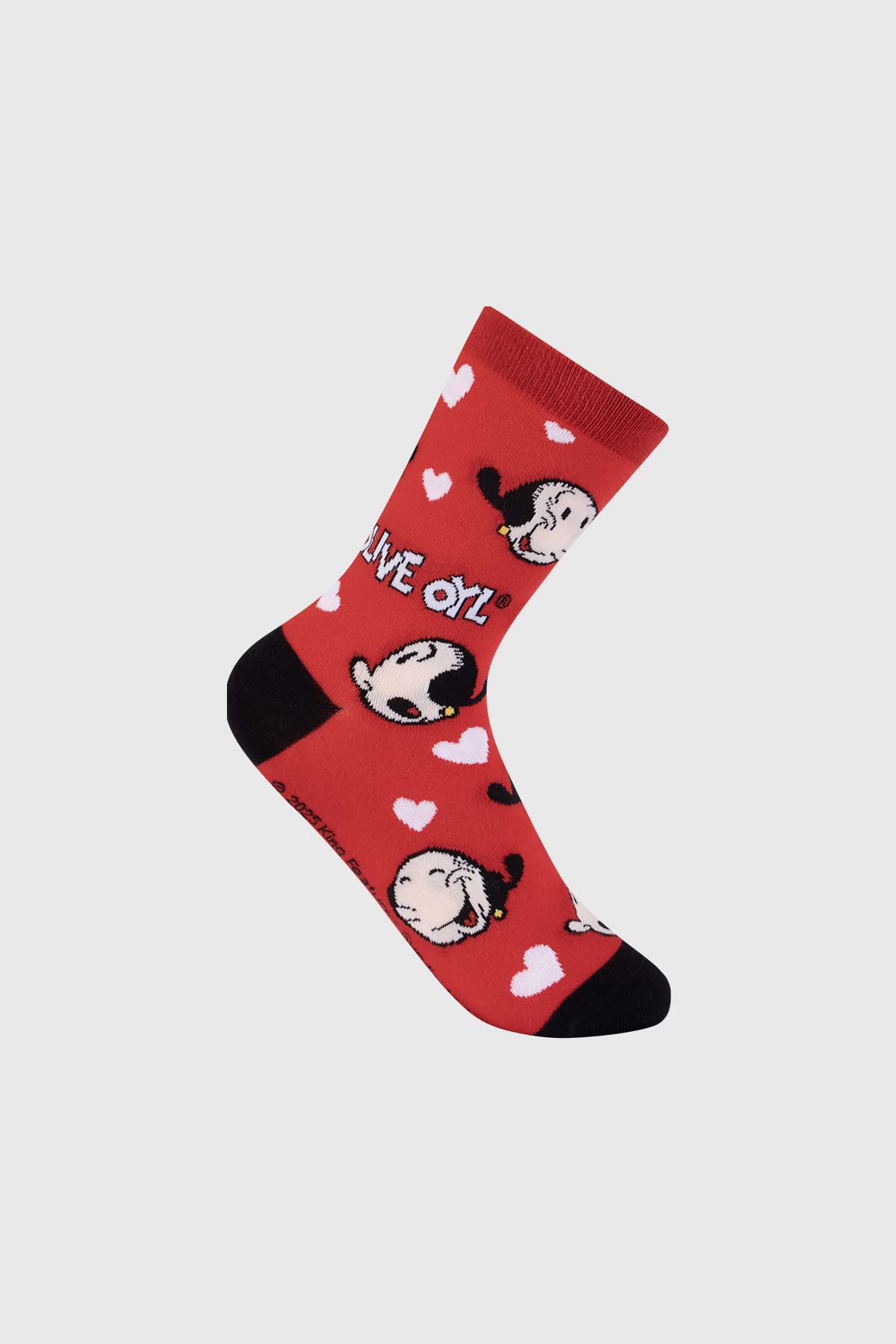 Calcetín rojo con estampado de Popeye y Olivia, ilustración divertida en fondo de corazones blancos, ideal para fans de la clásica serie de cómics.