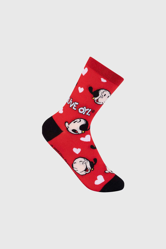 Calcetín rojo con estampado de Popeye y Olivia, ilustración divertida en fondo de corazones blancos, ideal para fans de la clásica serie de cómics.