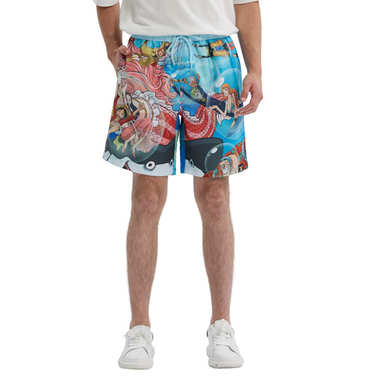 Short de baño celeste con estampado vibrante de personajes de One Piece, incluyendo a Nami y Luffy, en un diseño dinámico que evoca aventuras en alta mar.