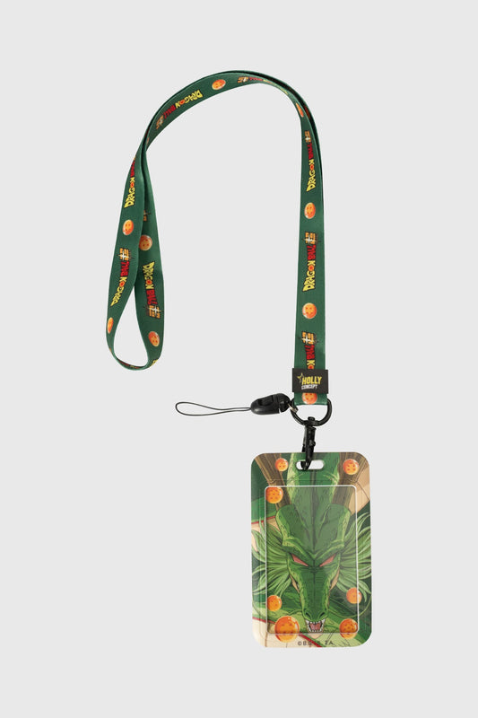Lanyard verde de Dragon Ball con ilustración de Shenron, el dragón eterno, rodeado de esferas del dragón, ideal para fans de la saga.