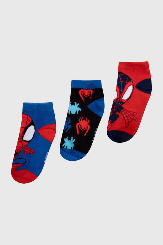 Tripack de calcetas Spidey en rojo y azul con estampados de Spider-Man y arañas en negro, ideal para los fanáticos del universo Marvel.