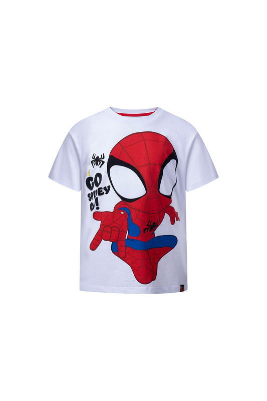 Polera blanca de algodón con un diseño de Spidey en estilo caricatura, mostrando su icónico traje rojo y azul, invitando a la acción con el texto 'GO SPIDEY!'.