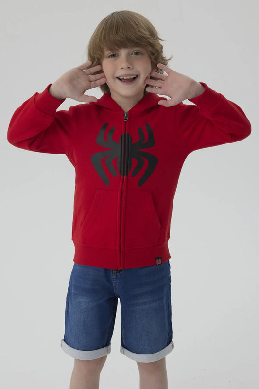 Polerón rojo vibrante con capucha y cierre, presenta un gran logo negro de Spider-Man en el pecho, ideal para pequeños héroes de Marvel.