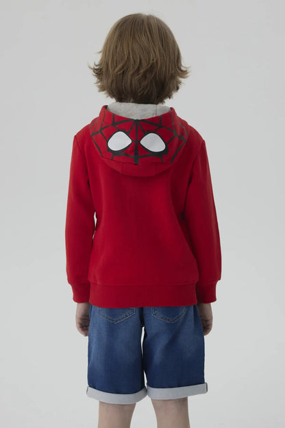 Polerón rojo vibrante con capucha y cierre, presenta un gran logo negro de Spider-Man en el pecho, ideal para pequeños héroes de Marvel.