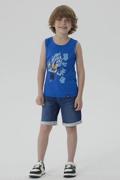 Polera sin mangas azul vibrante con ilustración de Vegeta en su forma Super Saiyan Blue, destacando su energía y determinación, ideal para fans de Dragon Ball.