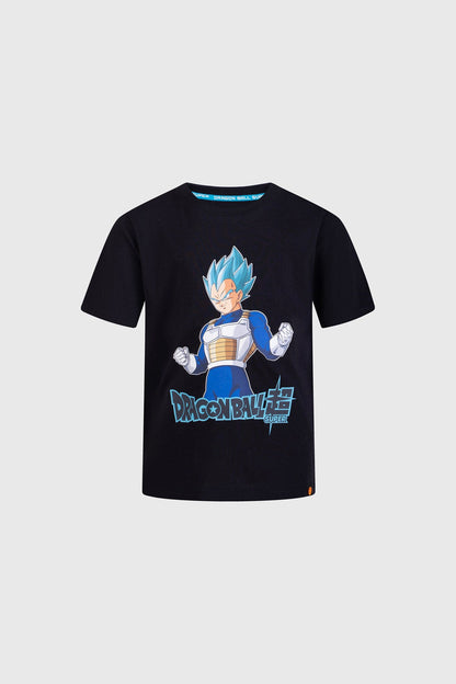 Polera negra de Dragon Ball con Vegeta en su forma Super Saiyan Blue, mostrando una pose desafiante, con el logo de la serie en azul debajo.