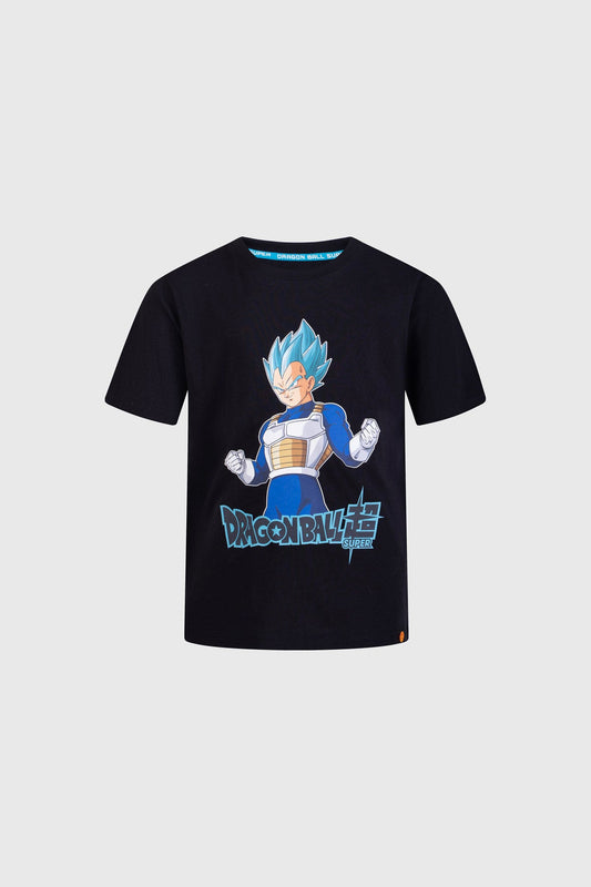 Polera negra de Dragon Ball con Vegeta en su forma Super Saiyan Blue, mostrando una pose desafiante, con el logo de la serie en azul debajo.