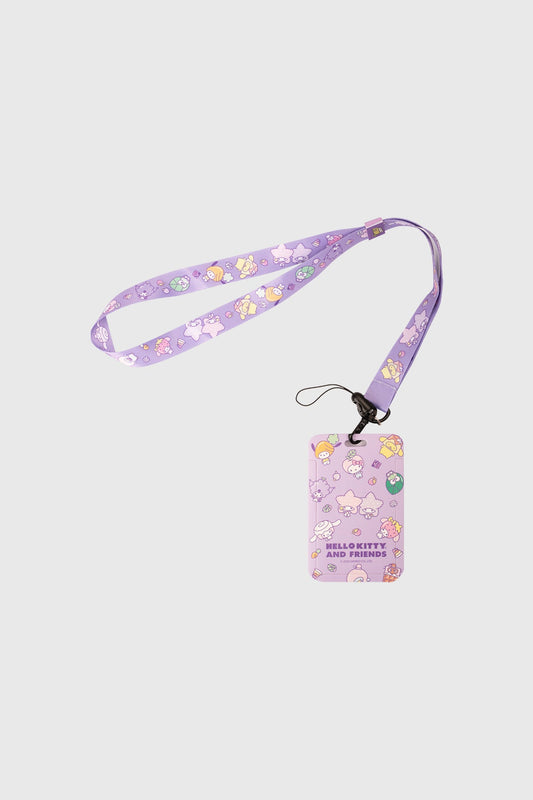 Lanyard lila con estampado de Hello Kitty y amigos en estilo kawaii, ideal para fans de la cultura pop japonesa.