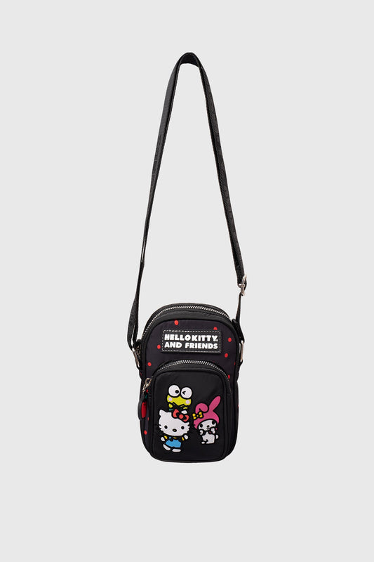 Bandolera negra de Hello Kitty y sus amigos con estampado colorido de personajes icónicos como Keroppi y My Melody, perfecta para fans de Sanrio.