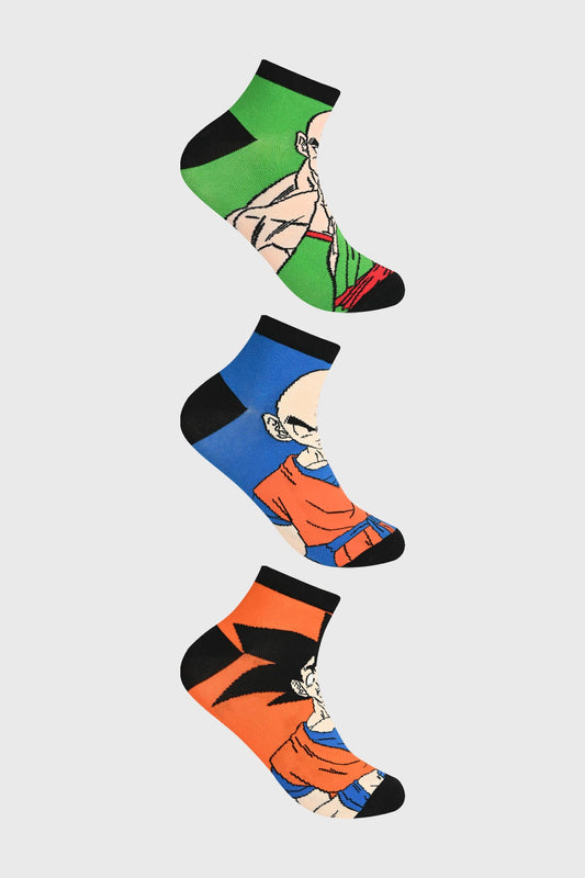Tripack de calcetas Dragon Ball Z en verde, azul y naranja con ilustraciones de Krillin, Goku y Gohan, perfectas para fans del anime.
