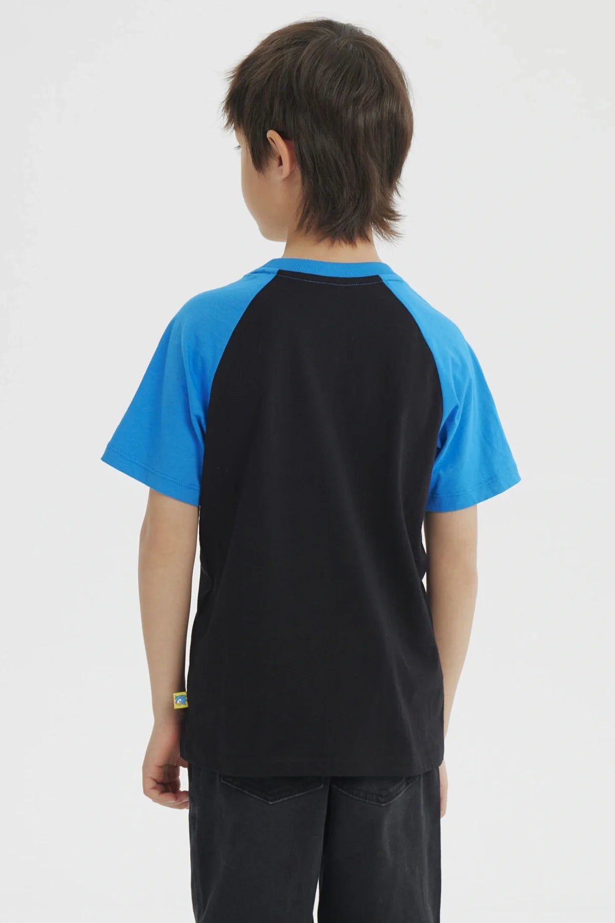 Polera negra con detalles en azul, presenta a Sonic en un estilo cartoon, con fondo de banderas a cuadros y el texto 'SONIC' en blanco, ideal para fans de videojuegos.