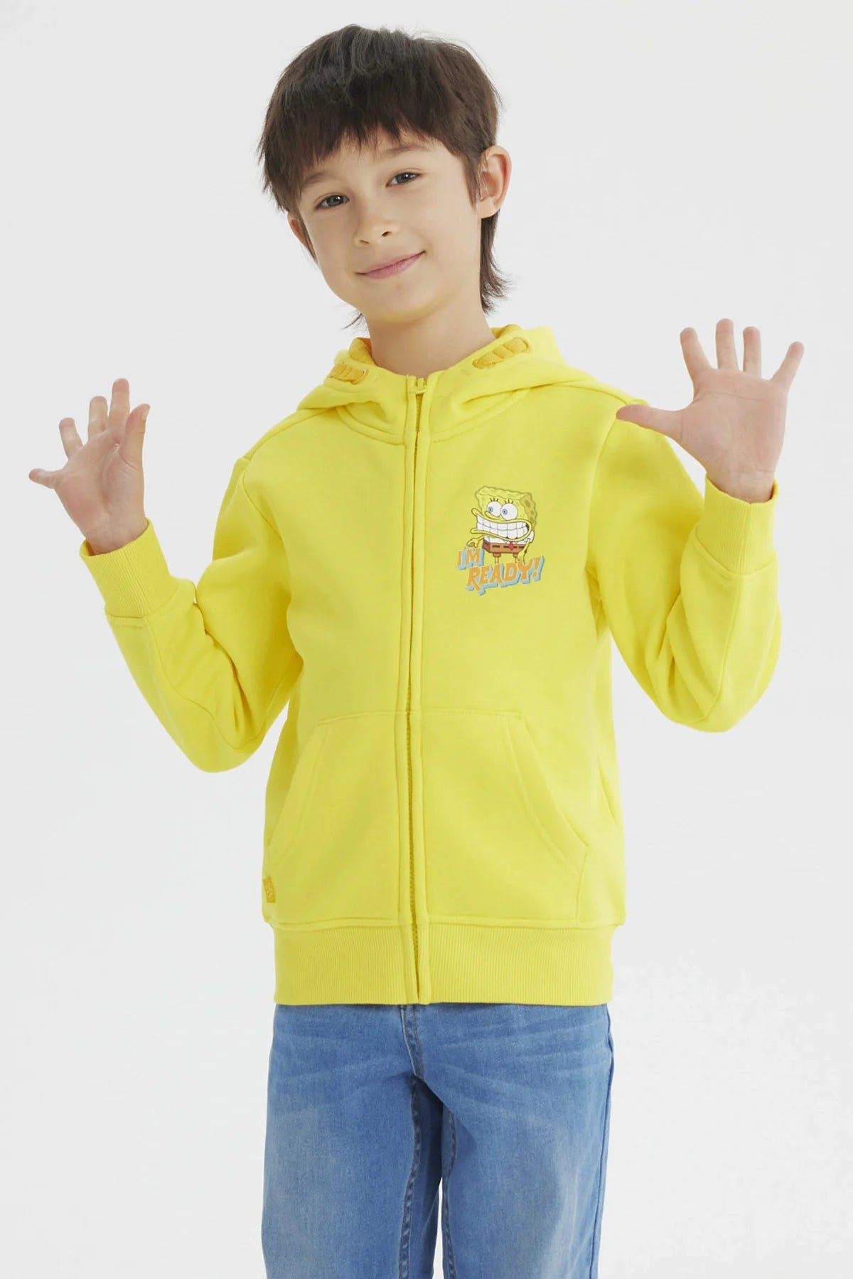Polerón amarillo de Bob Esponja con ilustración vibrante del personaje y el texto 'I'M READY!' en el pecho, ideal para los fans de Nickelodeon.