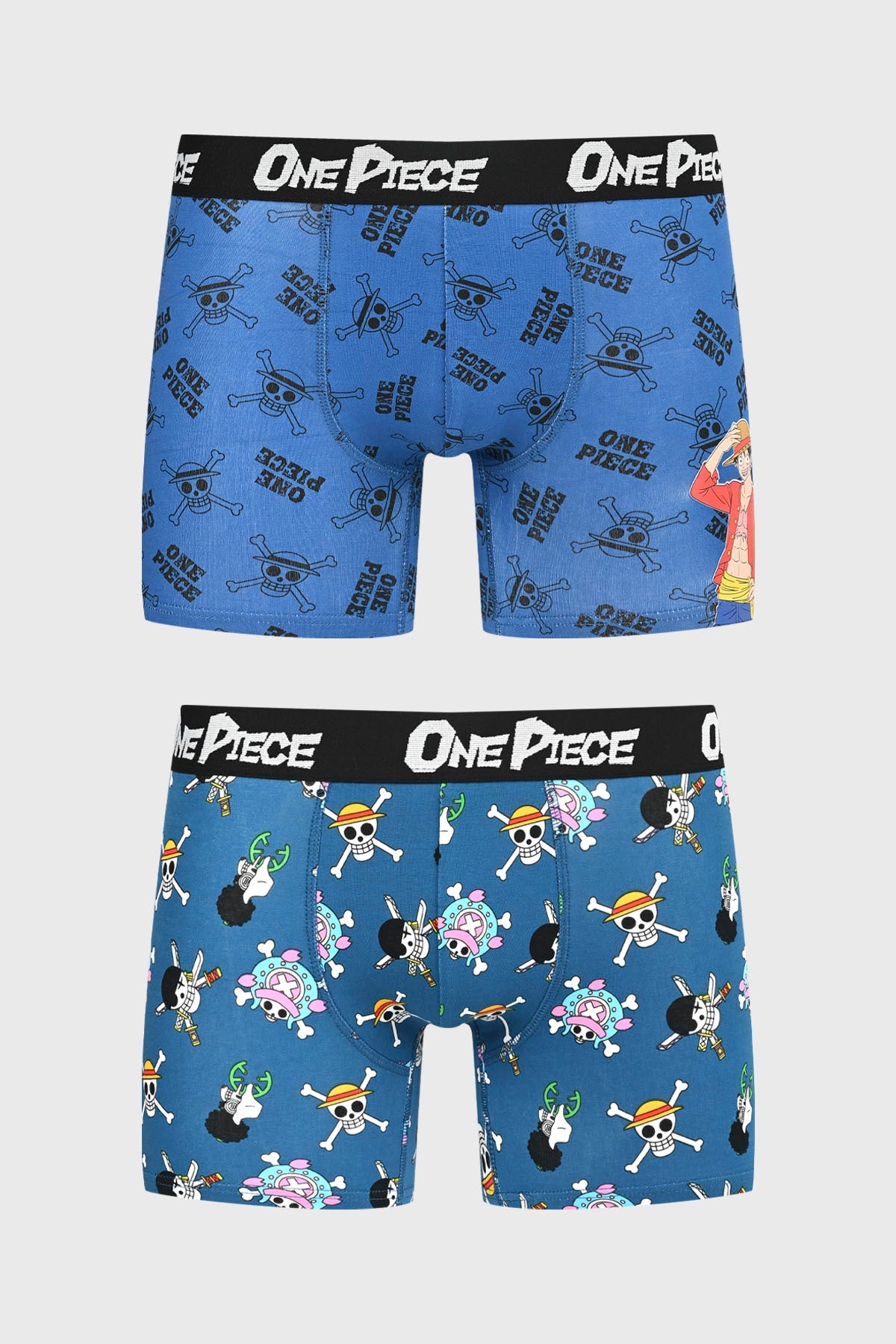 Boxer azul marino de One Piece con estampado de calaveras y personajes icónicos como Luffy, ideal para los fans del anime que buscan comodidad y estilo.
