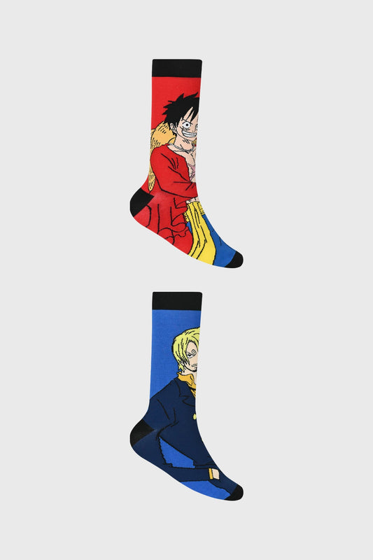 Calcetín bipack de One Piece en rojo y azul con ilustraciones de Luffy y Sanji, mostrando su icónico estilo en acción, perfecto para los fanáticos del anime.