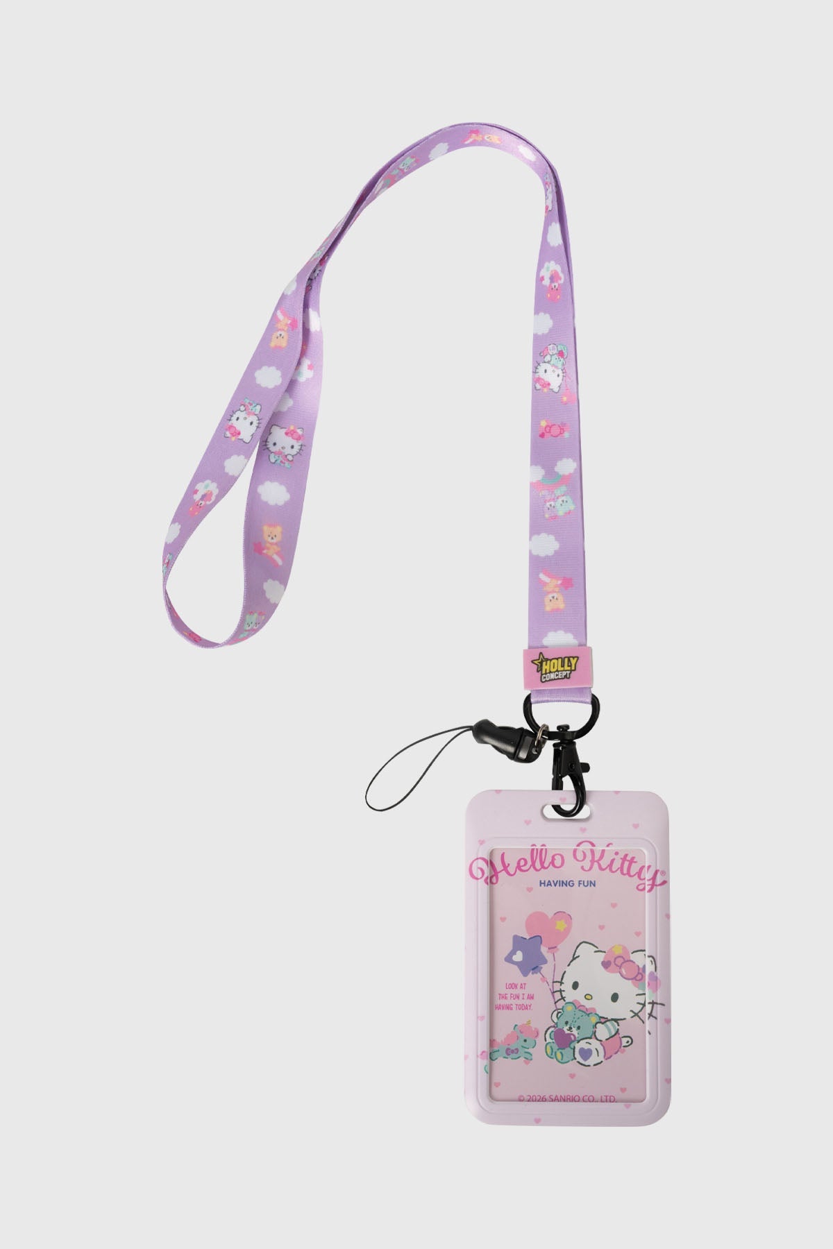 Lanyard en palo rosa con estampado de Hello Kitty y amigos en estilo kawaii, ideal para mostrar tu amor por este icónico personaje de Sanrio.