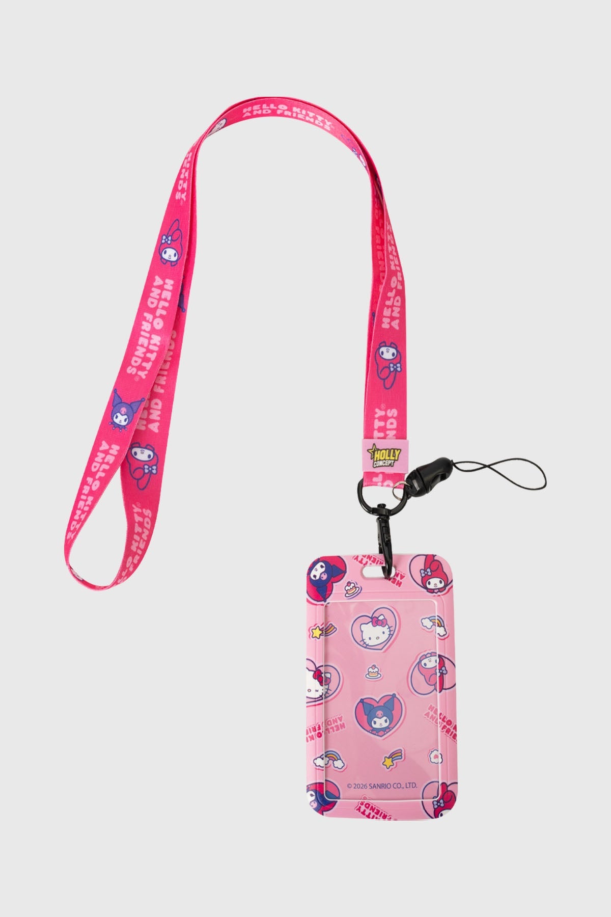 Lanyard fucsia con estampado de Hello Kitty y sus amigos en estilo cartoon, ideal para fanáticos de Sanrio que buscan un accesorio divertido y colorido.