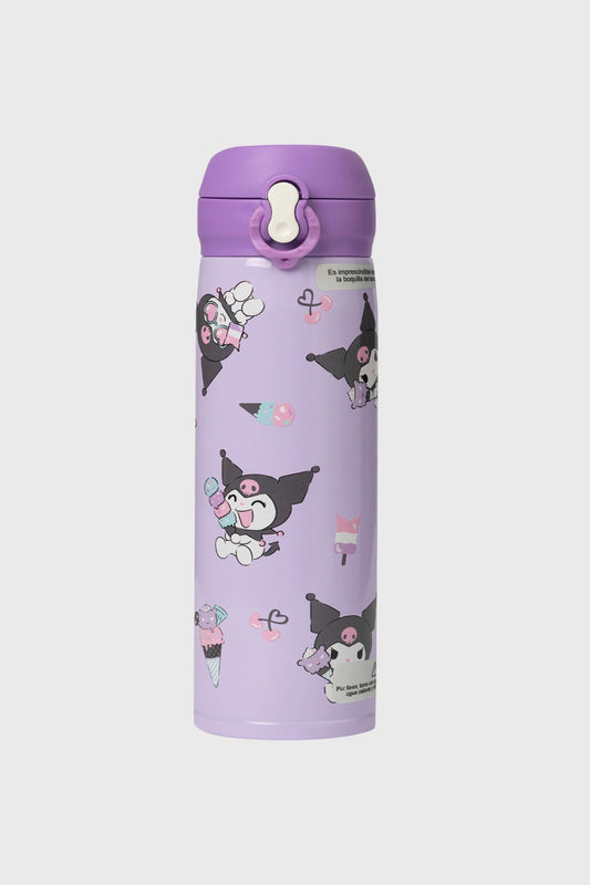 Botella de acero inoxidable en color violeta con estampado de Kuromi disfrutando helados y dulces, perfecta para fans de Sanrio.