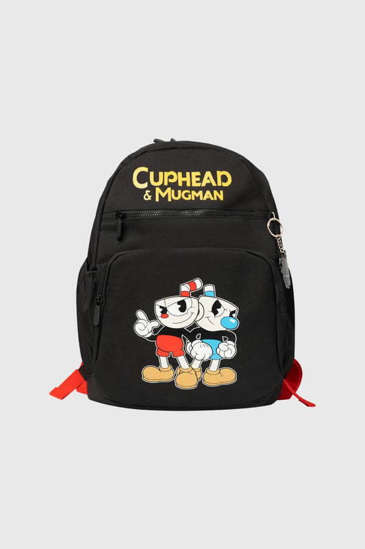 Mochila negra de Cuphead con estampado de Cuphead y Mugman en colores vibrantes, con el logo en amarillo en la parte superior, ideal para fans del juego.