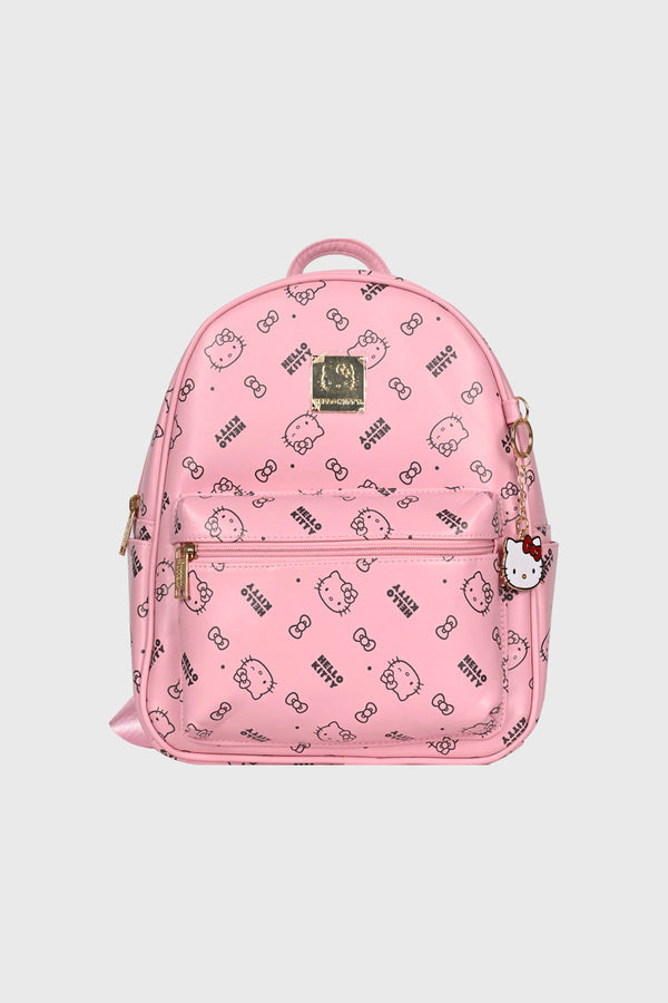 Mochila de color palo rosa con estampado de Hello Kitty y lazo, presenta un diseño alegre y moderno, ideal para fans de la cultura pop.